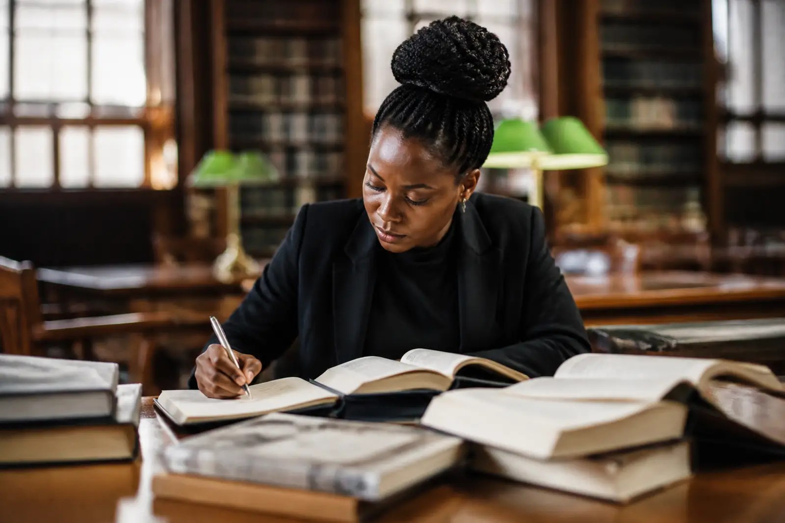 A researcher reading and taking notes in a library