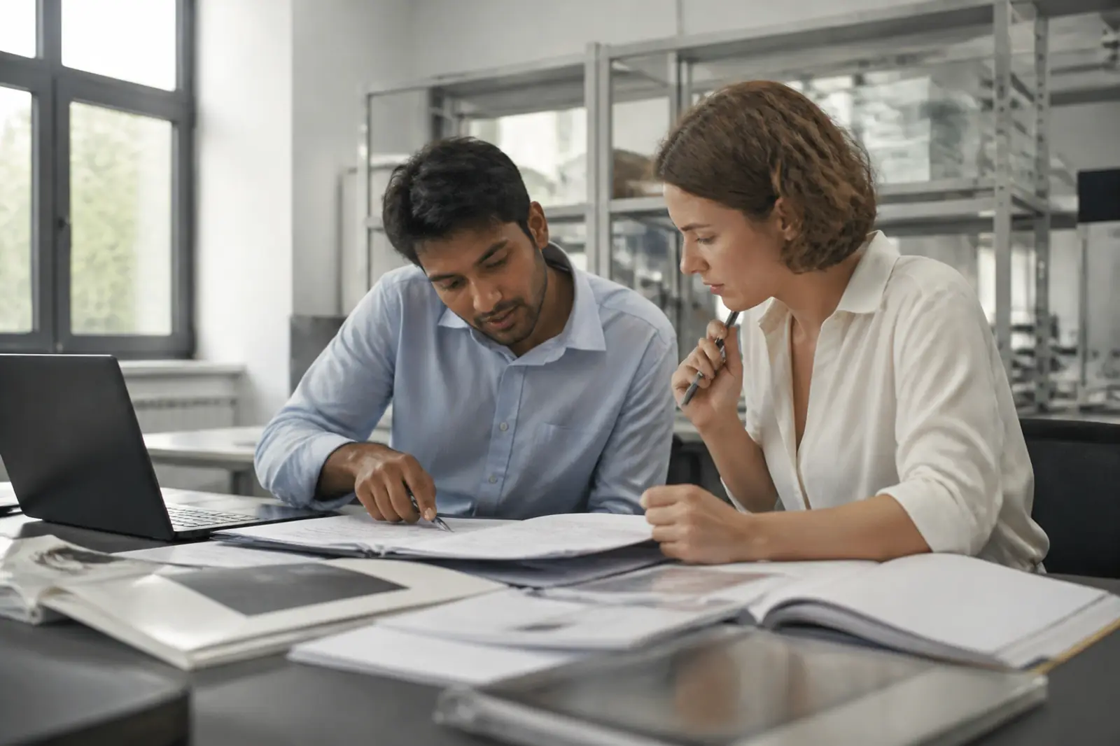 Two researchers working through documents