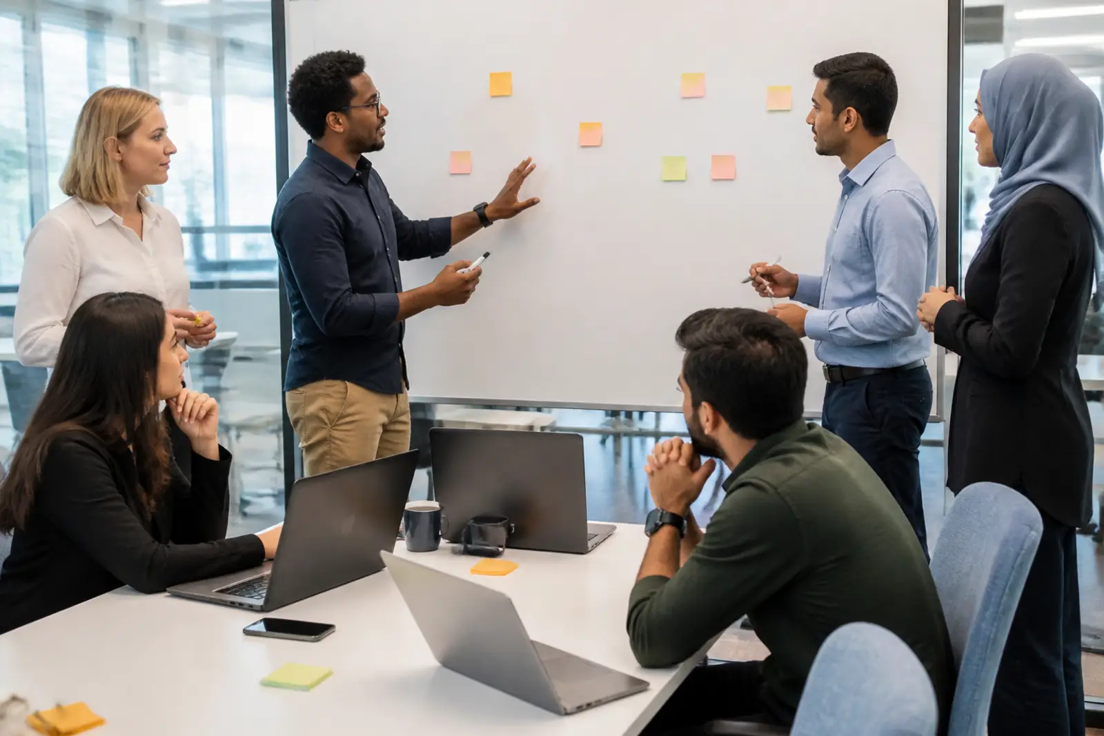 A multinational team discussing strategy at a whiteboard