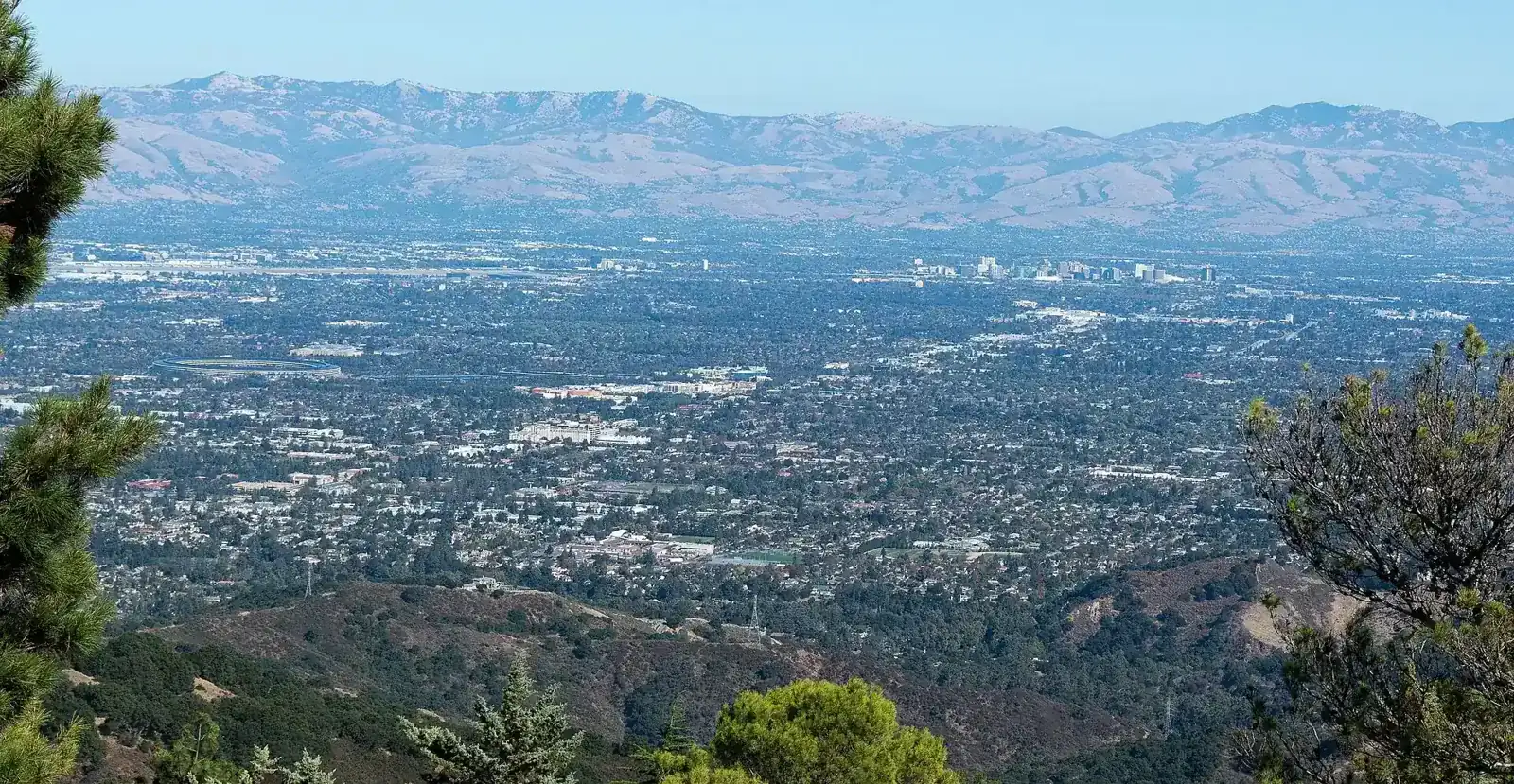 Silicon Valley cityscape ringed by hills